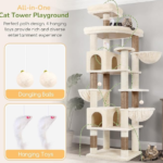 Globlazer Extra Large Cat Tree Tower, 82in Tall Heavy Duty Cat Tree for Indoor Cats Large Adult Big Cat Tower with 8 Scratching Posts, 2 Cat Condos, 2 Top Perches, 3 Hanging Baskets, S82, Beige - Image 6